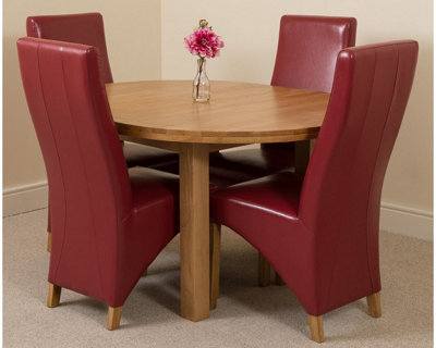 Edmonton 110 - 140 cm Oak Extendable Round Dining Table and 4 Chairs Dining Set with Lola Burgundy Leather Chairs