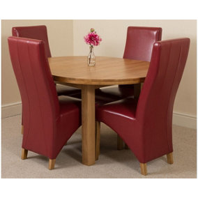 Edmonton 110 - 140 cm Oak Extendable Round Dining Table and 4 Chairs Dining Set with Lola Burgundy Leather Chairs