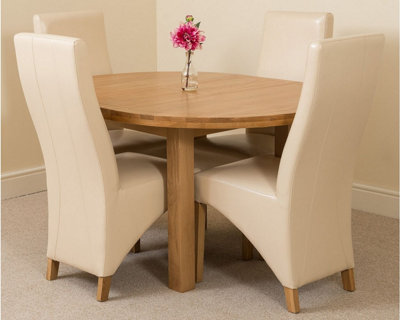 Edmonton 110 - 140 cm Oak Extendable Round Dining Table and 4 Chairs Dining Set with Lola Ivory Leather Chairs