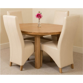Edmonton 110 - 140 cm Oak Extendable Round Dining Table and 4 Chairs Dining Set with Lola Ivory Leather Chairs