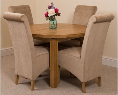 Edmonton 110 - 140 cm Oak Extendable Round Dining Table and 4 Chairs Dining Set with Montana Beige Fabric Chairs
