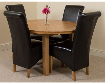 Edmonton 110 - 140 cm Oak Extendable Round Dining Table and 4 Chairs Dining Set with Montana Black Leather Chairs