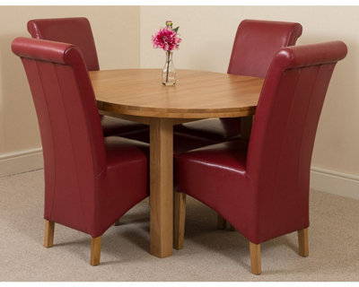 Edmonton 110 - 140 cm Oak Extendable Round Dining Table and 4 Chairs Dining Set with Montana Burgundy Leather Chairs