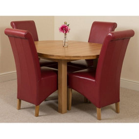 Edmonton 110 - 140 cm Oak Extendable Round Dining Table and 4 Chairs Dining Set with Montana Burgundy Leather Chairs