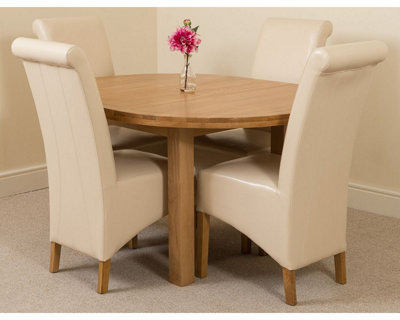 Edmonton 110 - 140 cm Oak Extendable Round Dining Table and 4 Chairs Dining Set with Montana Ivory Leather Chairs