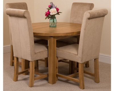 Edmonton 110 - 140 cm Oak Extendable Round Dining Table and 4 Chairs Dining Set with Washington Beige Fabric Chairs
