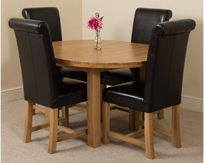 Edmonton 110 - 140 cm Oak Extendable Round Dining Table and 4 Chairs Dining Set with Washington Black Leather Chairs