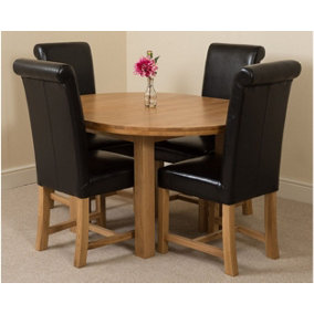 Edmonton 110 - 140 cm Oak Extendable Round Dining Table and 4 Chairs Dining Set with Washington Black Leather Chairs
