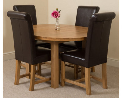 Edmonton 110 - 140 cm Oak Extendable Round Dining Table and 4 Chairs Dining Set with Washington Brown Leather Chairs