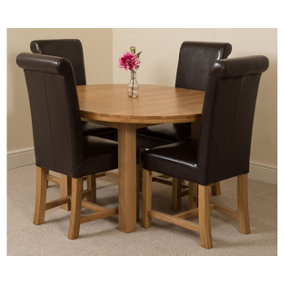 Edmonton 110 - 140 cm Oak Extendable Round Dining Table and 4 Chairs Dining Set with Washington Brown Leather Chairs