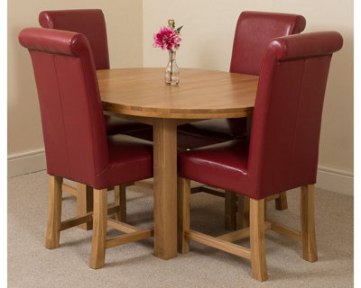 Edmonton 110 - 140 cm Oak Extendable Round Dining Table and 4 Chairs Dining Set with Washington Burgundy Leather Chairs