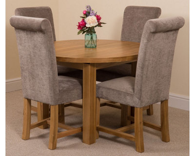 Edmonton 110 - 140 cm Oak Extendable Round Dining Table and 4 Chairs Dining Set with Washington Grey Fabric Chairs