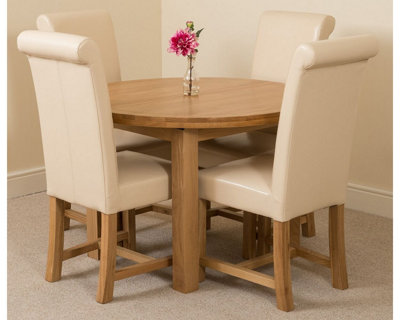 Edmonton 110 - 140 cm Oak Extendable Round Dining Table and 4 Chairs Dining Set with Washington Ivory Leather Chairs