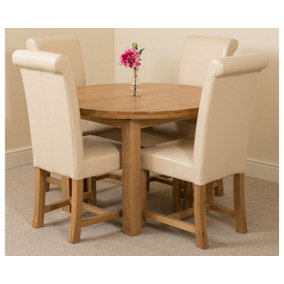 Edmonton 110 - 140 cm Oak Extendable Round Dining Table and 4 Chairs Dining Set with Washington Ivory Leather Chairs