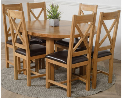 Edmonton 110 - 140 cm Oak Extendable Round Dining Table and 6 Chairs Dining Set with Berkeley Brown Leather Chairs