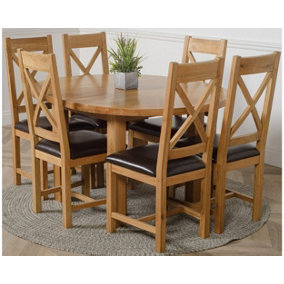 Edmonton 110 - 140 cm Oak Extendable Round Dining Table and 6 Chairs Dining Set with Berkeley Brown Leather Chairs