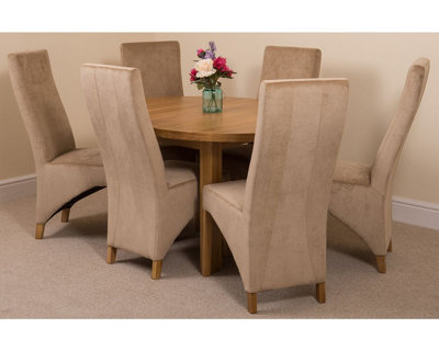Edmonton 110 - 140 cm Oak Extendable Round Dining Table and 6 Chairs Dining Set with Lola Beige Fabric Chairs