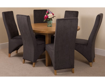 Edmonton 110 - 140 cm Oak Extendable Round Dining Table and 6 Chairs Dining Set with Lola Black Fabric Chairs