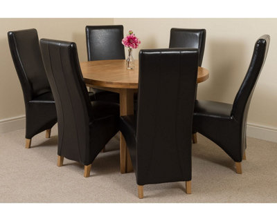 Edmonton 110 - 140 cm Oak Extendable Round Dining Table and 6 Chairs Dining Set with Lola Black Leather Chairs