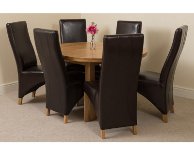 Edmonton 110 - 140 cm Oak Extendable Round Dining Table and 6 Chairs Dining Set with Lola Brown Leather Chairs