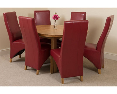 Edmonton 110 - 140 cm Oak Extendable Round Dining Table and 6 Chairs Dining Set with Lola Burgundy Leather Chairs