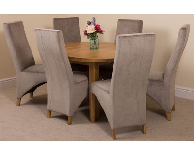 Edmonton 110 - 140 cm Oak Extendable Round Dining Table and 6 Chairs Dining Set with Lola Grey Fabric Chairs