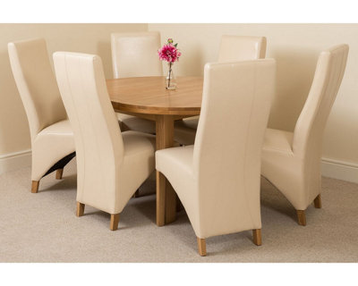 Edmonton 110 - 140 cm Oak Extendable Round Dining Table and 6 Chairs Dining Set with Lola Ivory Leather Chairs