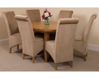 Edmonton 110 - 140 cm Oak Extendable Round Dining Table and 6 Chairs Dining Set with Montana Beige Fabric Chairs