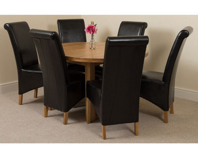 Edmonton 110 - 140 cm Oak Extendable Round Dining Table and 6 Chairs Dining Set with Montana Black Leather Chairs