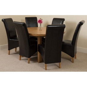 Edmonton 110 - 140 cm Oak Extendable Round Dining Table and 6 Chairs Dining Set with Montana Black Leather Chairs