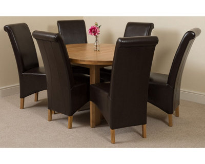 Edmonton 110 - 140 cm Oak Extendable Round Dining Table and 6 Chairs Dining Set with Montana Brown Leather Chairs