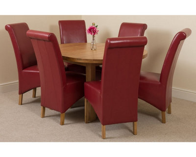 Edmonton 110 - 140 cm Oak Extendable Round Dining Table and 6 Chairs Dining Set with Montana Burgundy Leather Chairs