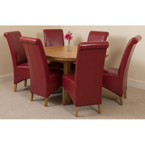 Edmonton 110 - 140 cm Oak Extendable Round Dining Table and 6 Chairs Dining Set with Montana Burgundy Leather Chairs