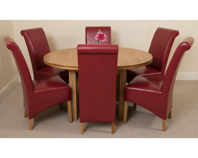 Edmonton 110 - 140 cm Oak Extendable Round Dining Table and 6 Chairs Dining Set with Montana Burgundy Leather Chairs