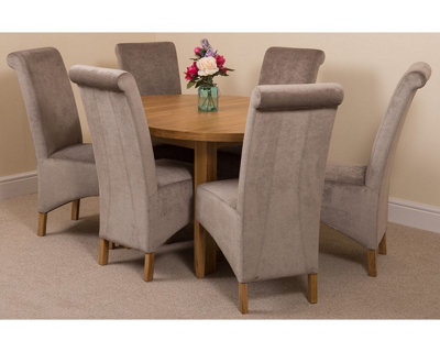 Edmonton 110 - 140 cm Oak Extendable Round Dining Table and 6 Chairs Dining Set with Montana Grey Fabric Chairs