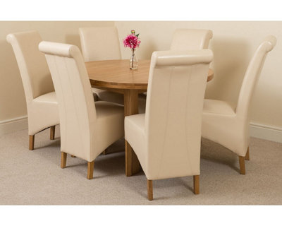 Edmonton 110 - 140 cm Oak Extendable Round Dining Table and 6 Chairs Dining Set with Montana Ivory Leather Chairs
