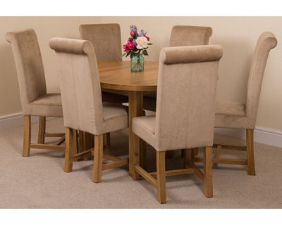 Edmonton 110 - 140 cm Oak Extendable Round Dining Table and 6 Chairs Dining Set with Washington Beige Fabric Chairs