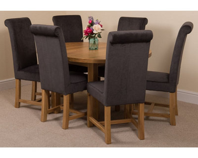 Edmonton 110 - 140 cm Oak Extendable Round Dining Table and 6 Chairs Dining Set with Washington Black Fabric Chairs