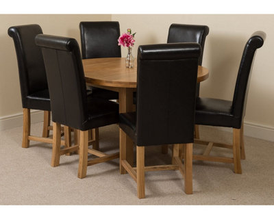 Edmonton 110 - 140 cm Oak Extendable Round Dining Table and 6 Chairs Dining Set with Washington Black Leather Chairs