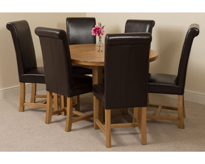 Edmonton 110 - 140 cm Oak Extendable Round Dining Table and 6 Chairs Dining Set with Washington Brown Leather Chairs