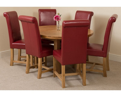 Edmonton 110 - 140 cm Oak Extendable Round Dining Table and 6 Chairs Dining Set with Washington Burgundy Leather Chairs
