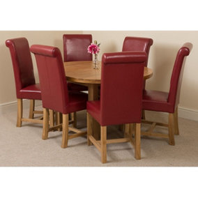Edmonton 110 - 140 cm Oak Extendable Round Dining Table and 6 Chairs Dining Set with Washington Burgundy Leather Chairs
