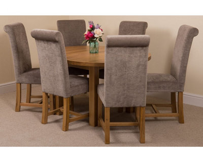 Edmonton 110 - 140 cm Oak Extendable Round Dining Table and 6 Chairs Dining Set with Washington Grey Fabric Chairs