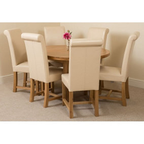 Edmonton 110 - 140 cm Oak Extendable Round Dining Table and 6 Chairs Dining Set with Washington Ivory Leather Chairs