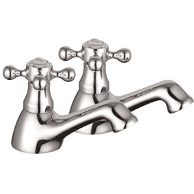 Edwardian Traditional Chrome Basin Taps Hot & Cold Classic Cross Head - PAIR