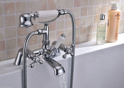Edwardian Traditional Chrome Bath Shower Head Mixer Tap Ceramic Lever Handle