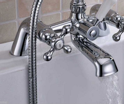 Edwardian Traditional Chrome Bath Shower Head Mixer Tap Ceramic Lever Handle