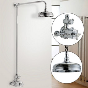 Edwardian Traditional Thermostatic Shower Mixer + Rigid Riser + 8" Victoria Rose