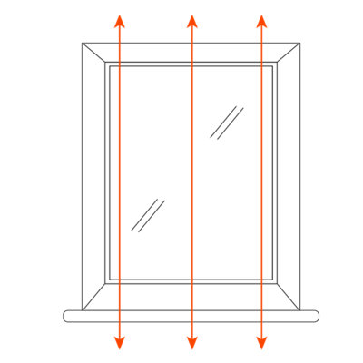 An illustration of a window and frame with three arrows stretching vertically beyond the edges of the window frame, indicating how to measure for blinds outside a window recess.