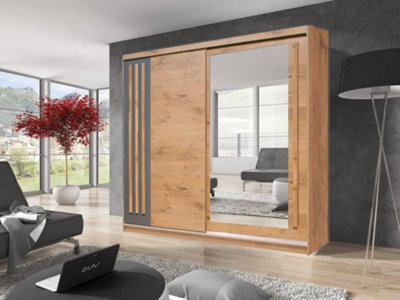 Effect 2 Mirrored Sliding Door Wardrobe in Oak Lancelot - W2000mm H2160mm D590mm, Elegant and Spacious